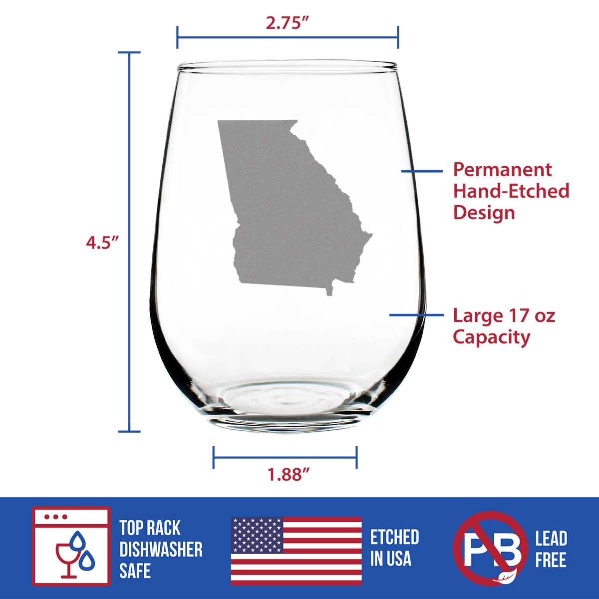 Georgia State Outline Stemless Wine Glass - State Themed Drinking Decor and Gifts for Georgian Women & Men - Large 17 Oz Glasses