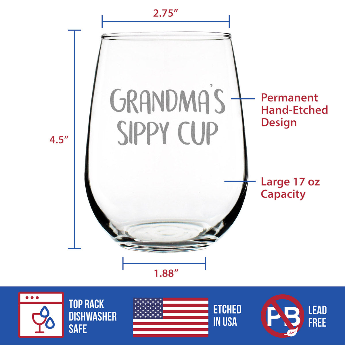 Grandma's Sippy Cup - Stemless Wine Glass Gift for Grandmothers - Cute Birthday Glasses - Large 17 Oz