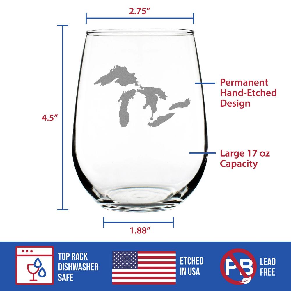 Great Lakes Map Stemless Wine Glass - Large Glasses - Unique Engraved Glassware Art Gifts for Midwestern Women & Men