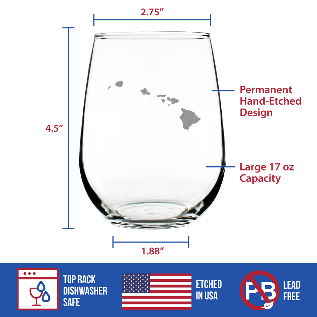 Hawaii State Outline Stemless Wine Glass - State Themed Drinking Decor and Gifts for Hawaiian Women & Men - Large 17 Oz Glasses