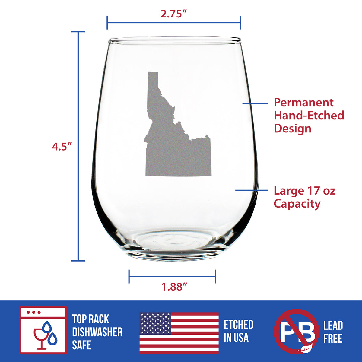 Idaho State Outline Stemless Wine Glass - State Themed Drinking Decor and Gifts for Idahoan Women & Men - Large 17 Oz Glasses