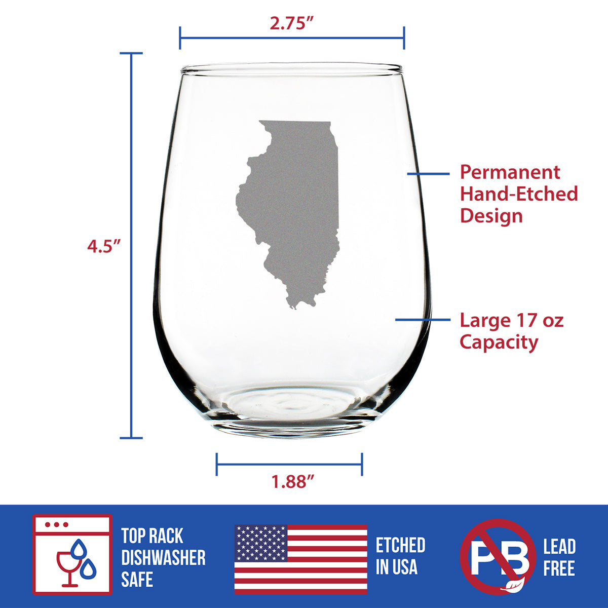 Illinois State Outline Stemless Wine Glass - State Themed Drinking Decor and Gifts for Illinoisan Women & Men - Large 17 Oz Glasses