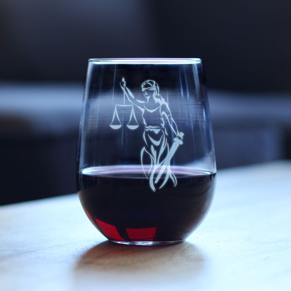 Lady Justice - Stemless Wine Glass - Lawyers and Attorneys Themed Gifts or Party Decor for Women and Men - Large 17 oz