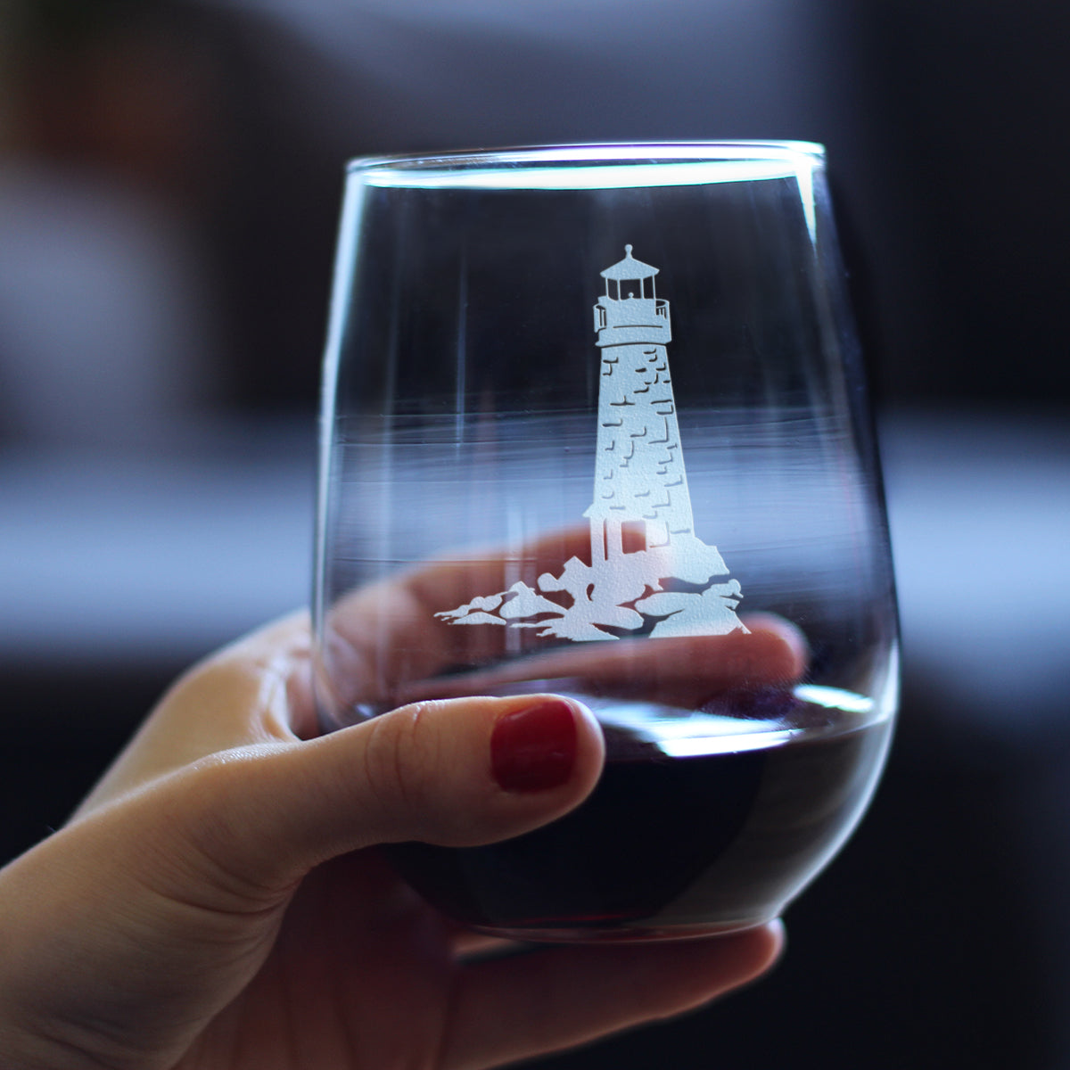 Lighthouse Stemless Wine Glass - Nautical Themed Decor and Gifts for Beach Lovers - Large 17 Oz Glasses