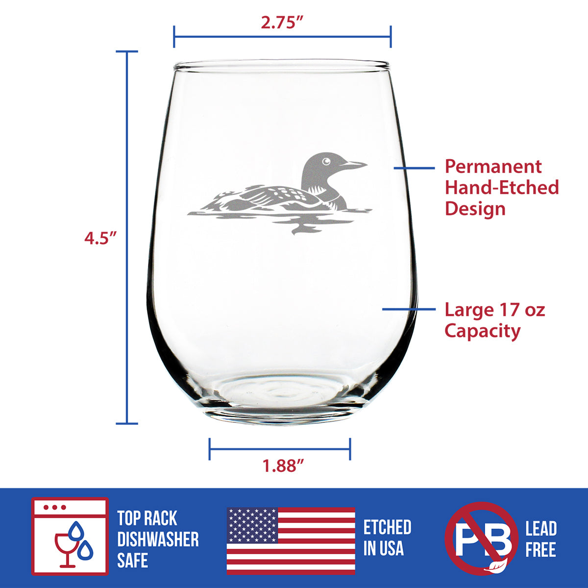 Loon Stemless Wine Glass - Fun Bird Themed Gifts and Decor for Men & Women - Large 17 Oz Glasses