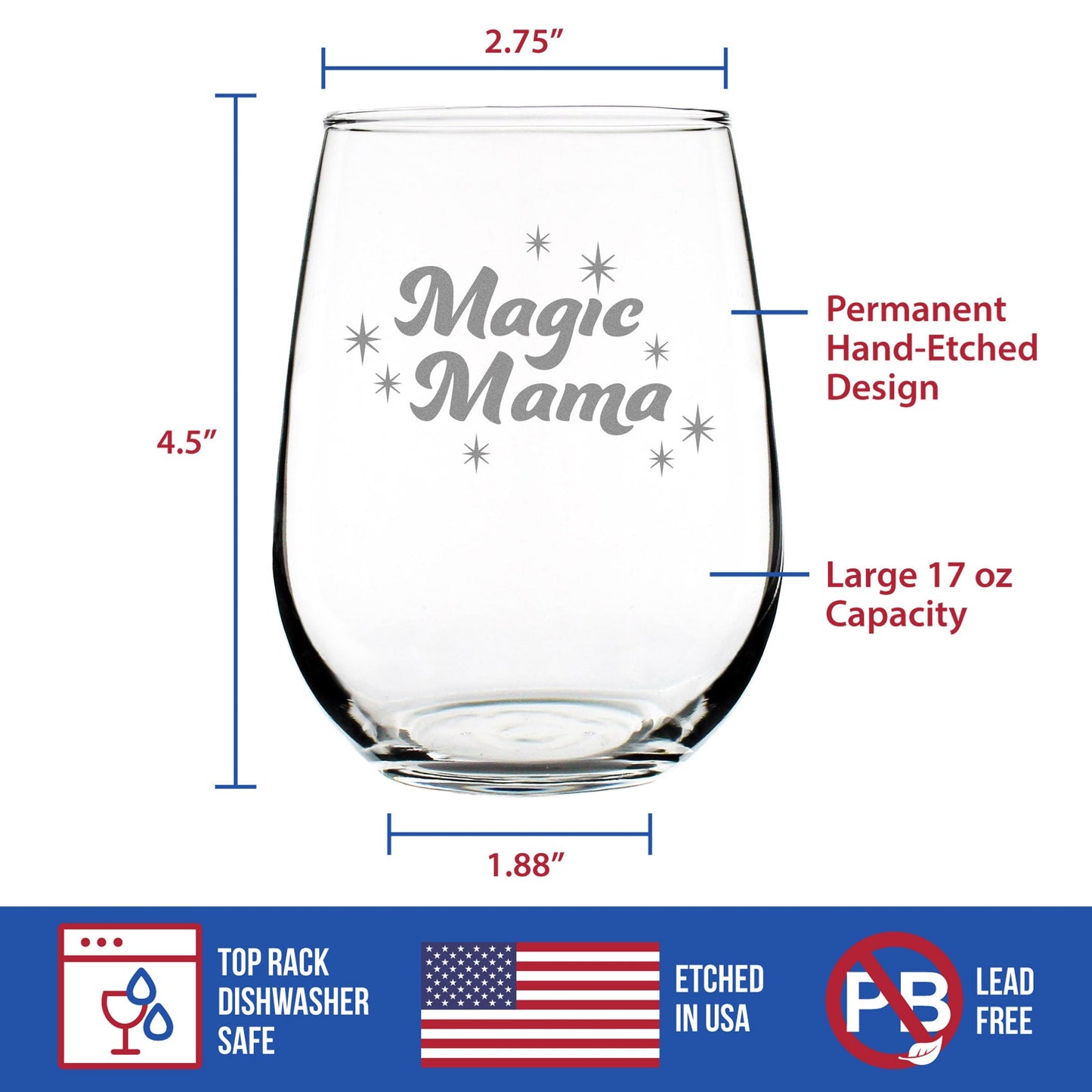 Magic Mama - Stemless Wine Glass for Mom - Cute Funny Wine Gift Idea - Unique Glasses for Mother's Day or Birthday - Large 17 oz