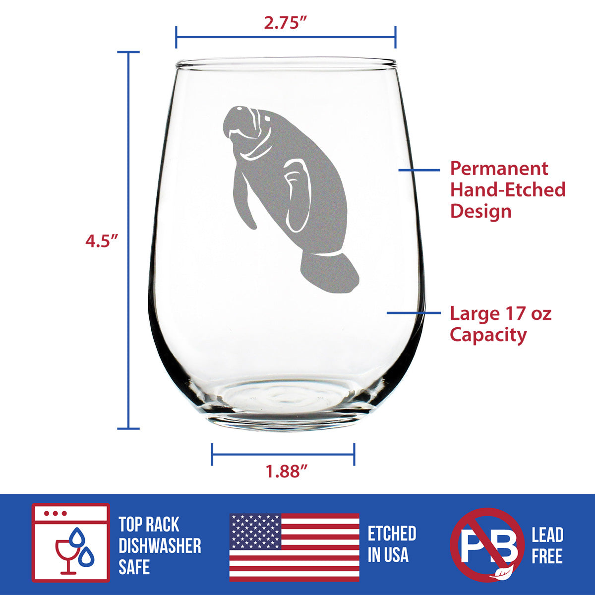 Manatee Stemless Wine Glass - Cute Funny Ocean Animals Themed Decor and Gifts for Sea Creature Lovers - Large 17 Oz