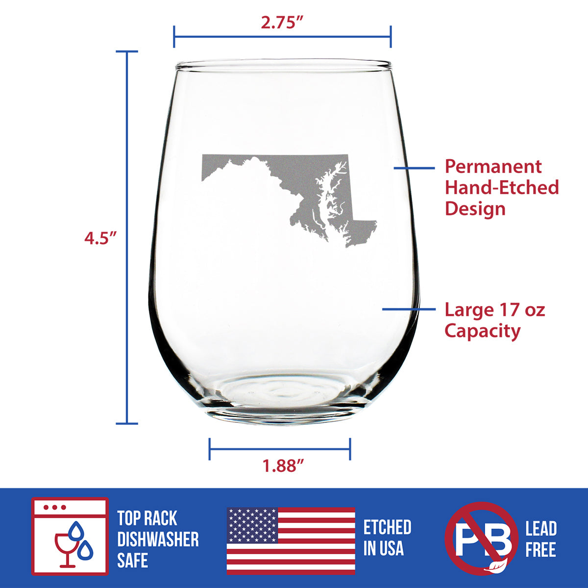 Maryland State Outline Stemless Wine Glass - State Themed Drinking Decor and Gifts for Marylander Women & Men - Large 17 Oz Glasses