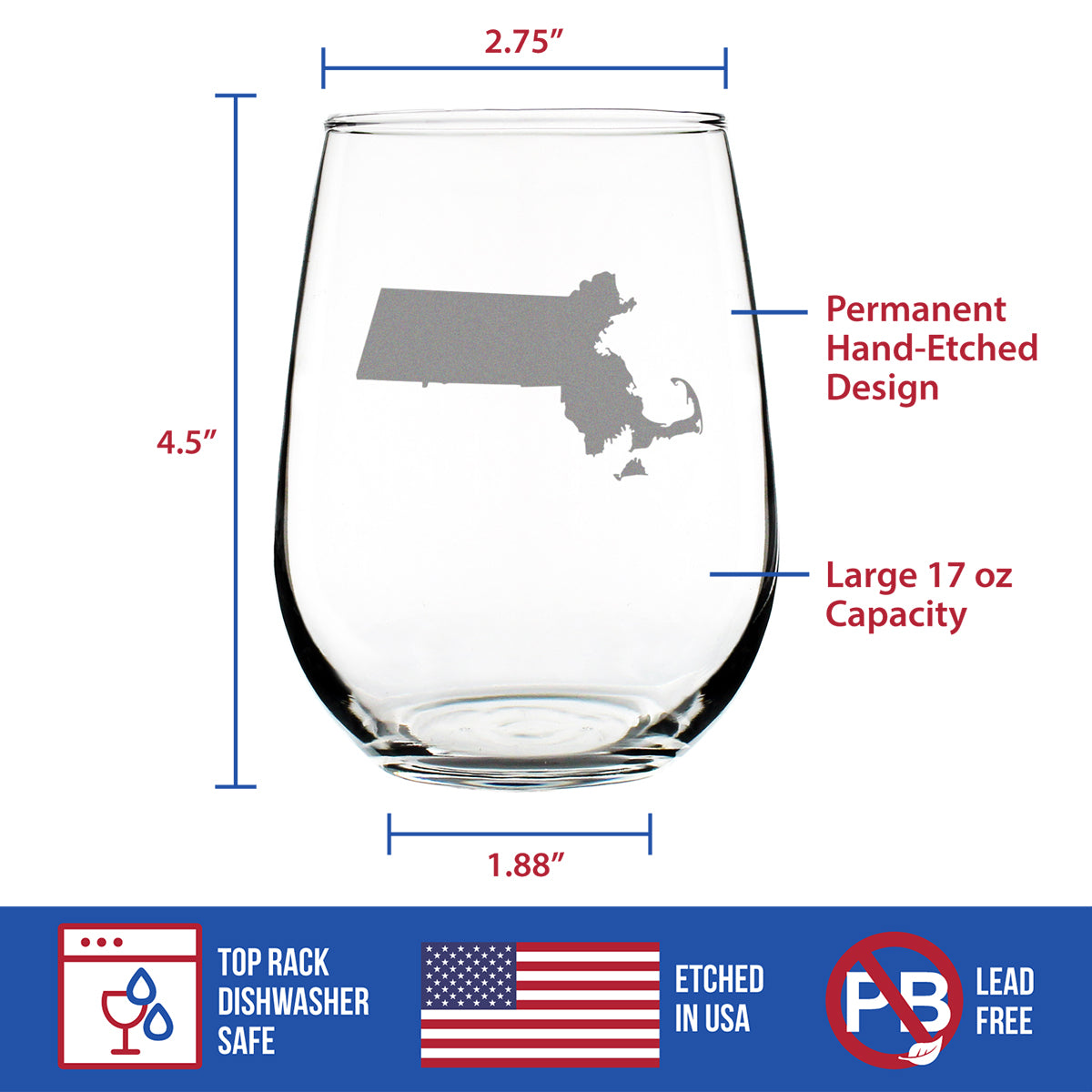 Massachusetts State Outline Stemless Wine Glass - State Themed Drinking Decor and Gifts for Bay Stater Women & Men - Large 17 Oz Glasses