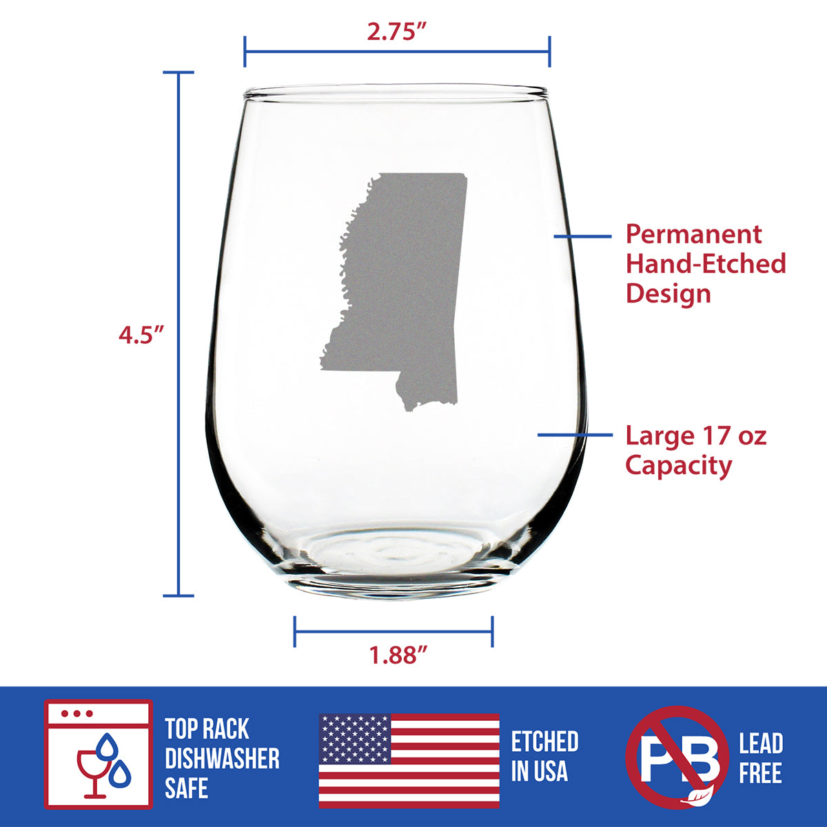 Mississippi State Outline Stemless Wine Glass - State Themed Drinking Decor and Gifts for Mississippian Women & Men - Large 17 Oz Glasses