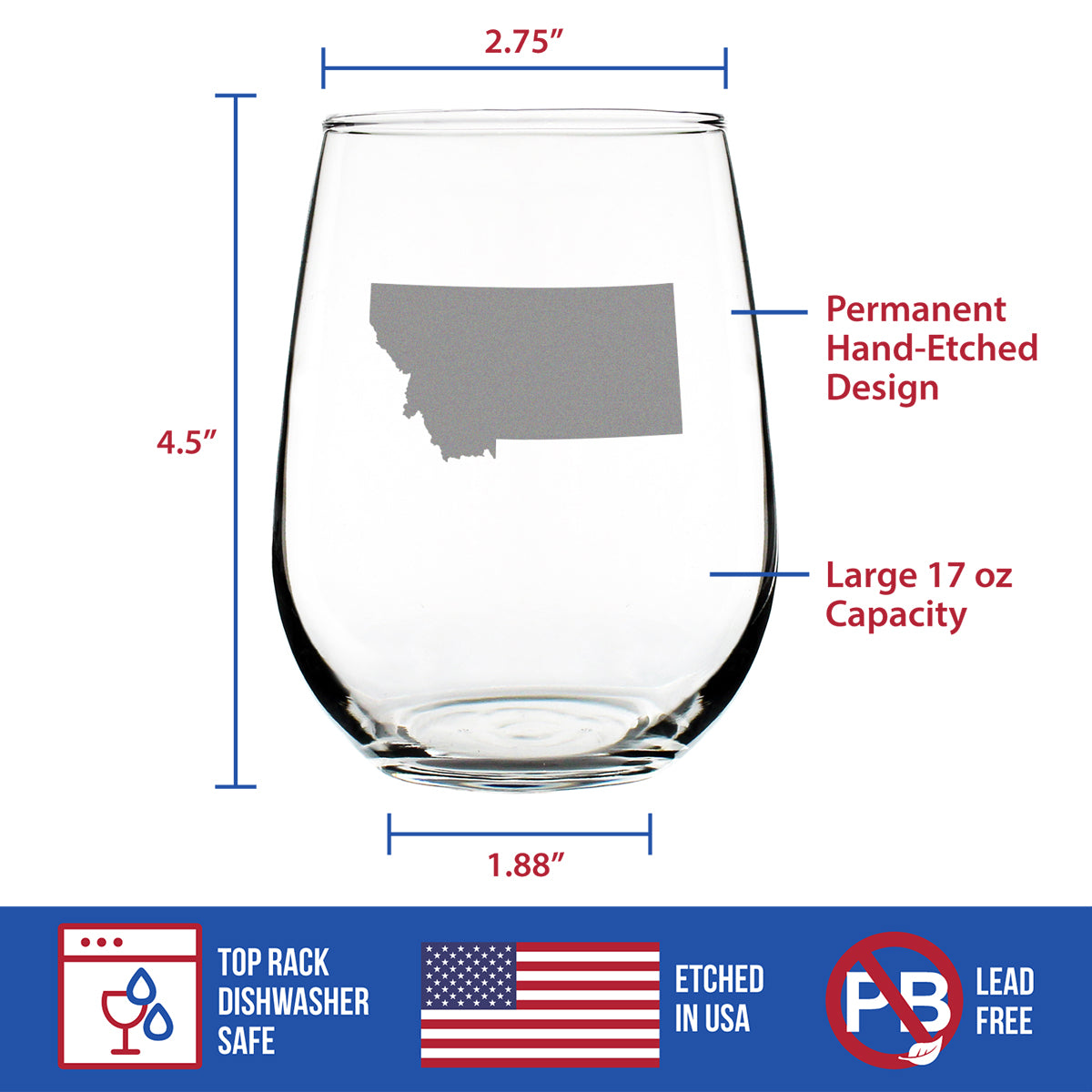Montana State Outline Stemless Wine Glass - State Themed Drinking Decor and Gifts for Montanan Women & Men - Large 17 Oz Glasses