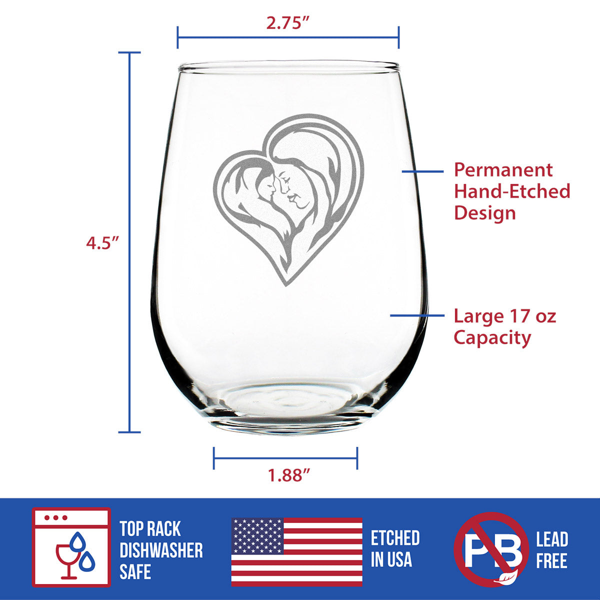 Mother's Love Stemless Wine Glass - Cute Gift Idea for Moms - Unique Personalized Glasses for Mother's Day or Birthday