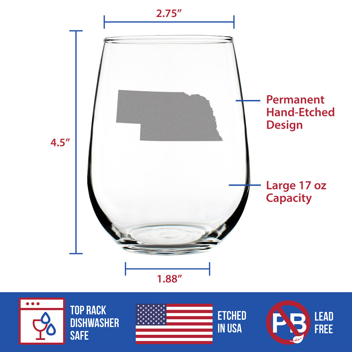 Nebraska State Outline Stemless Wine Glass - State Themed Drinking Decor and Gifts for Nebraskan Women & Men - Large 17 Oz Glasses