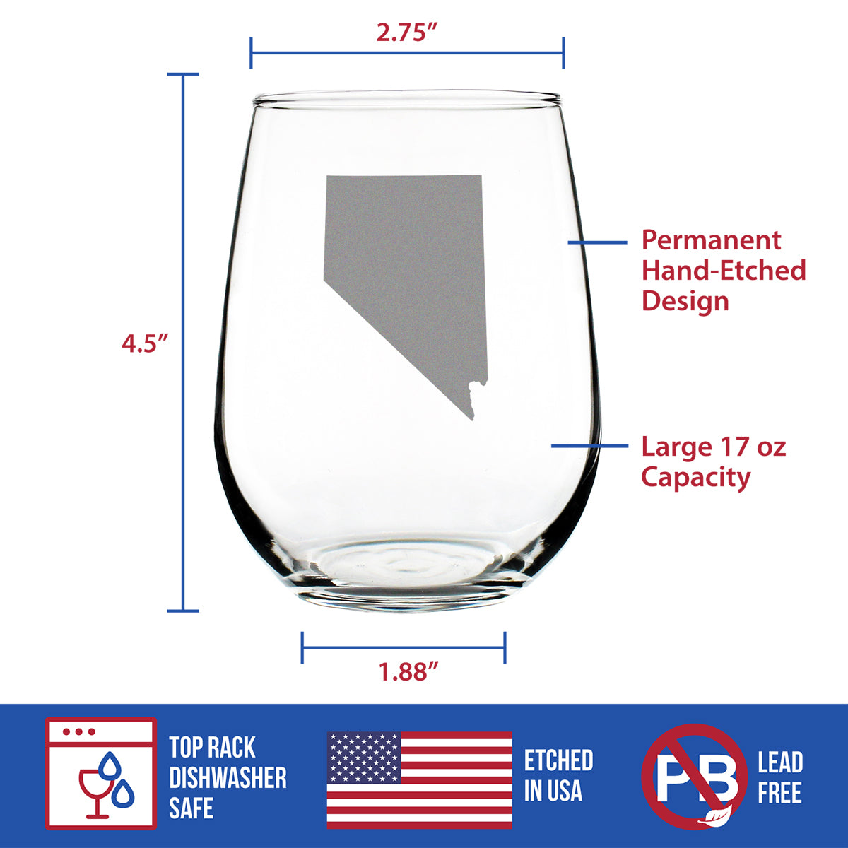 Nevada State Outline Stemless Wine Glass - State Themed Drinking Decor and Gifts for Nevadan Women & Men - Large 17 Oz Glasses