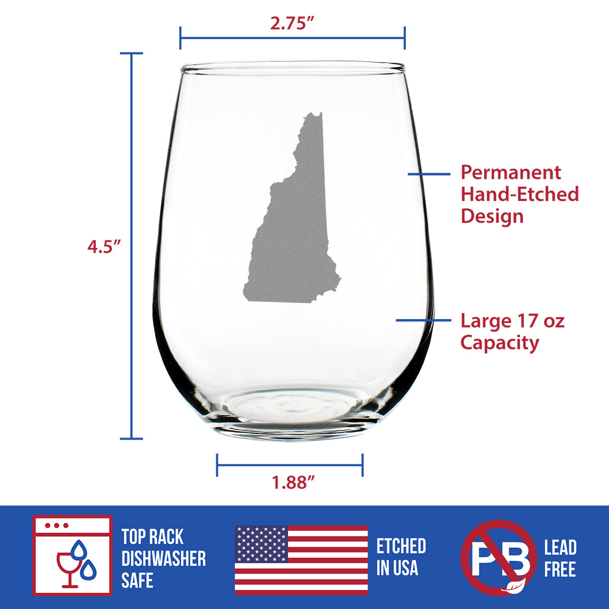 New Hampshire State Outline Stemless Wine Glass - State Themed Drinking Decor and Gifts for New Hampshirite Women & Men - Large 17 Oz Glasses