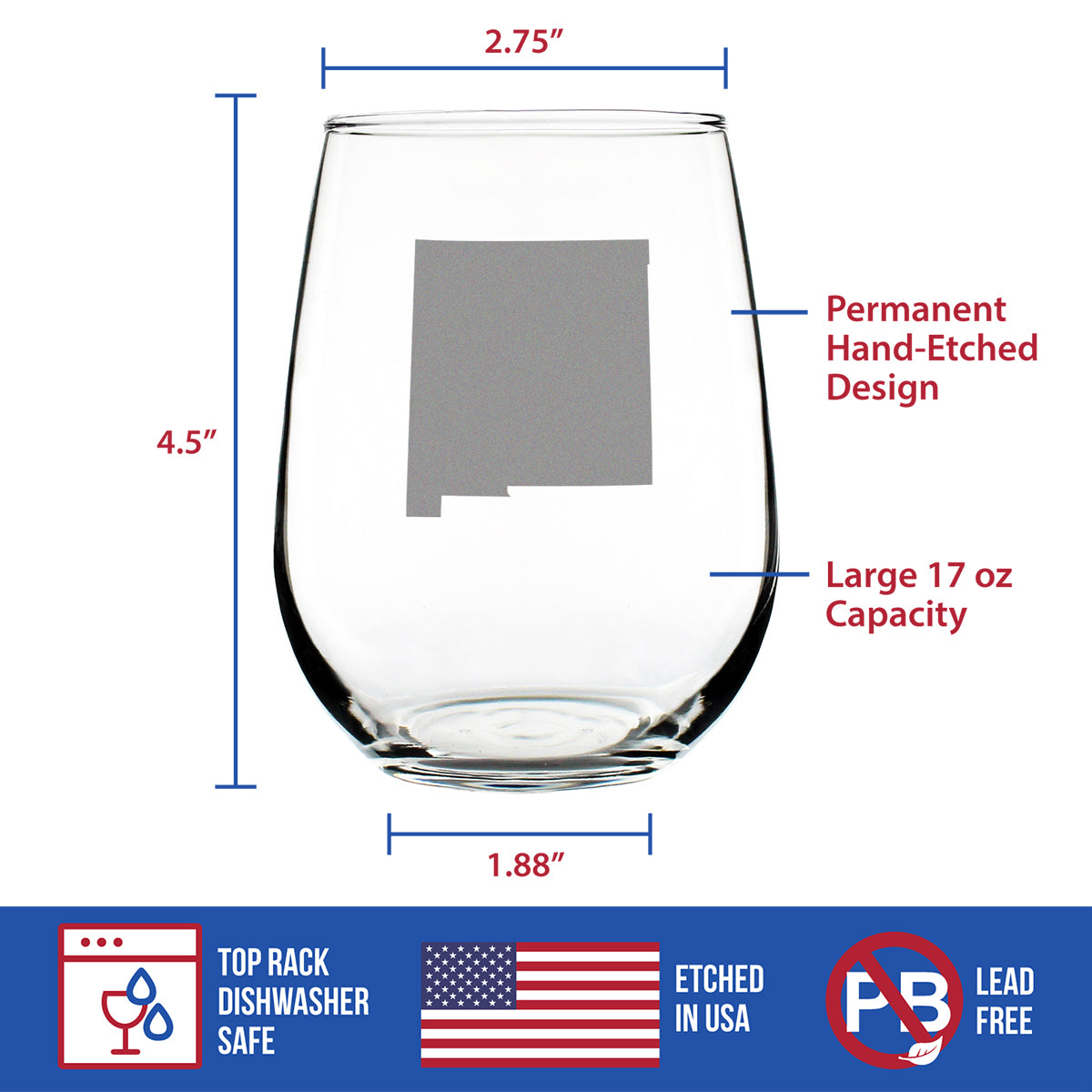 New Mexico State Outline Stemless Wine Glass - State Themed Drinking Decor and Gifts for New Mexican Women & Men - Large 17 Oz Glasses