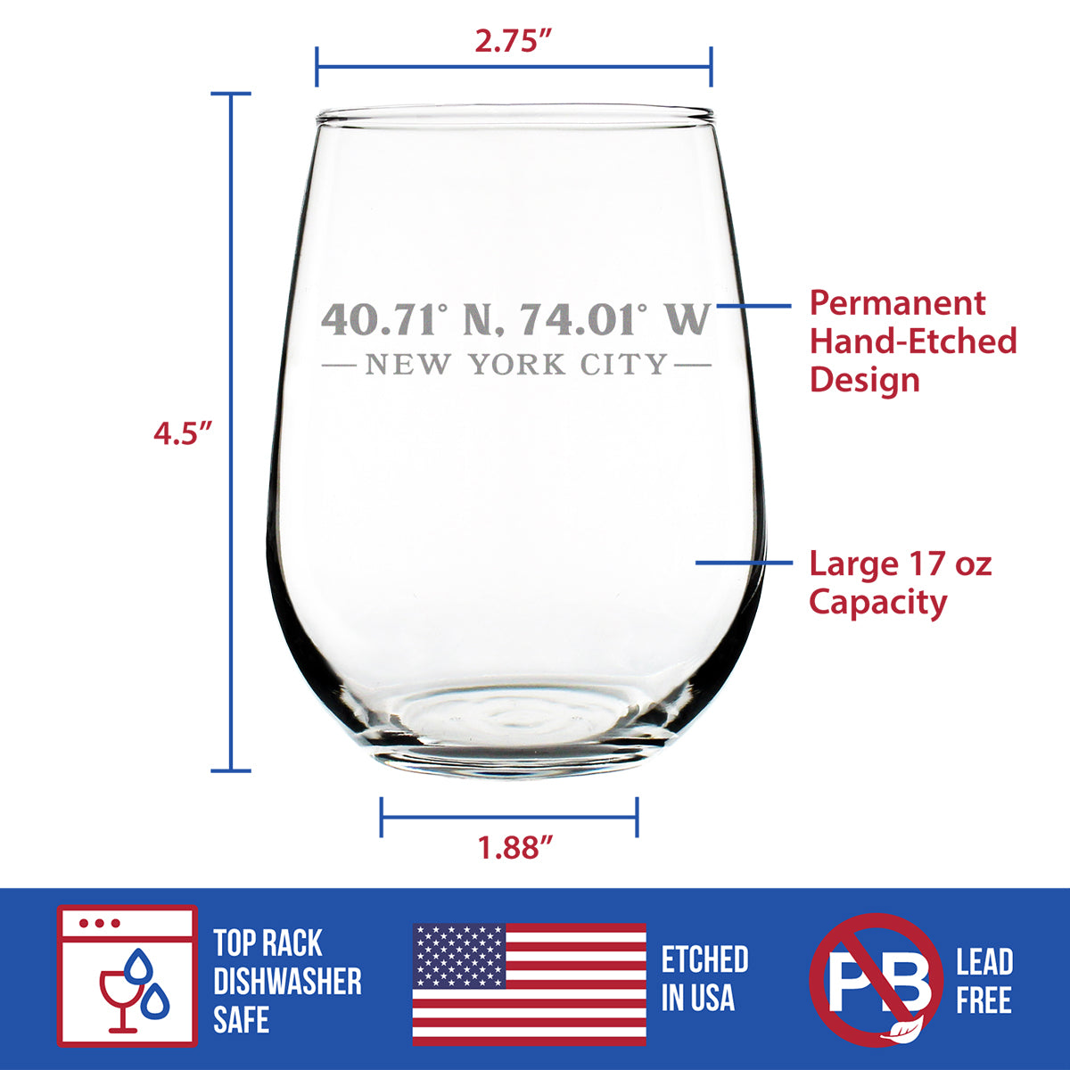 New York City Coordinates - 17 Ounce Stemless Wine Glass