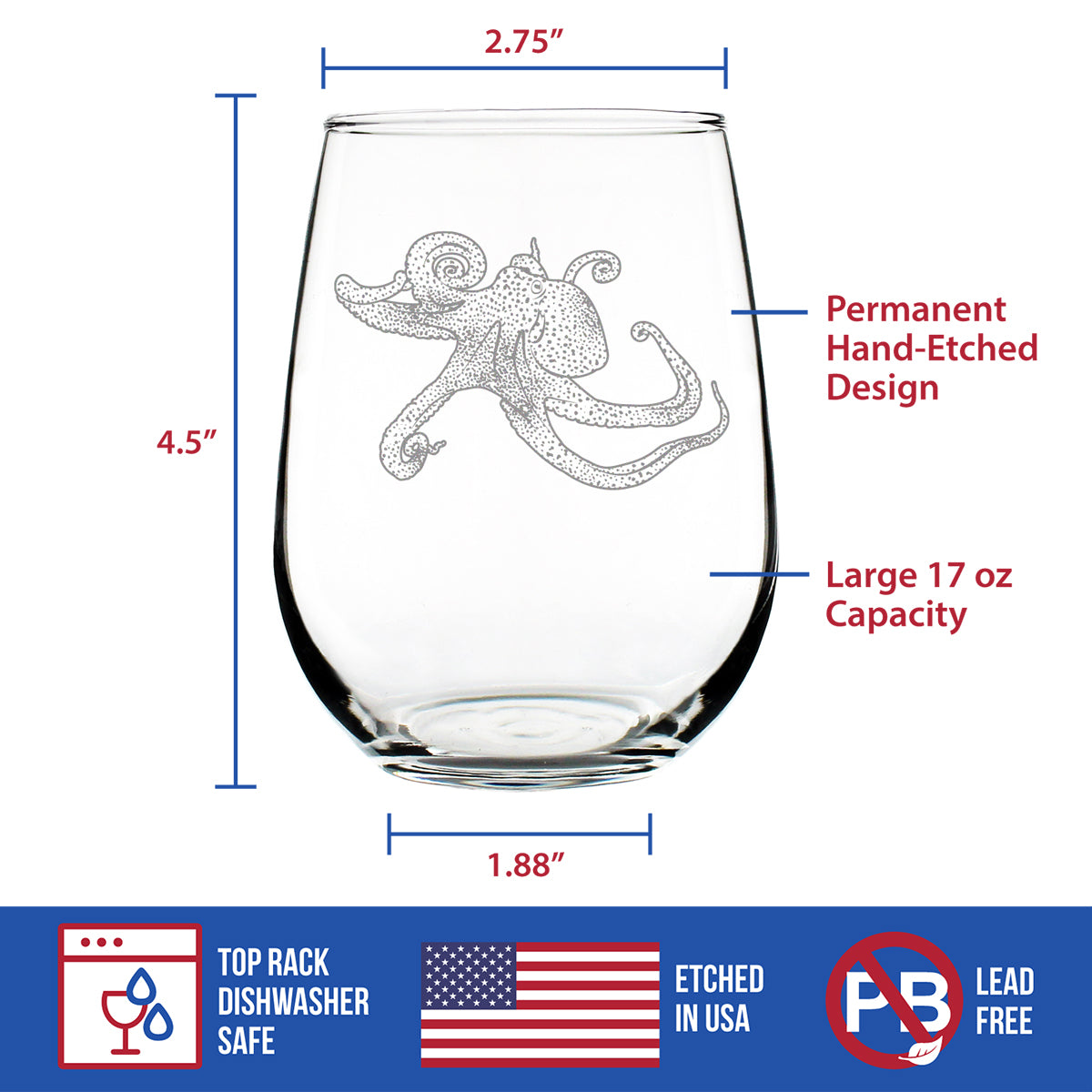 Octopus Engraved Stemless Wine Glass, Unique Decorative Gifts for Beach House, Cute Birthday Gift for Women Who Love Octopuses