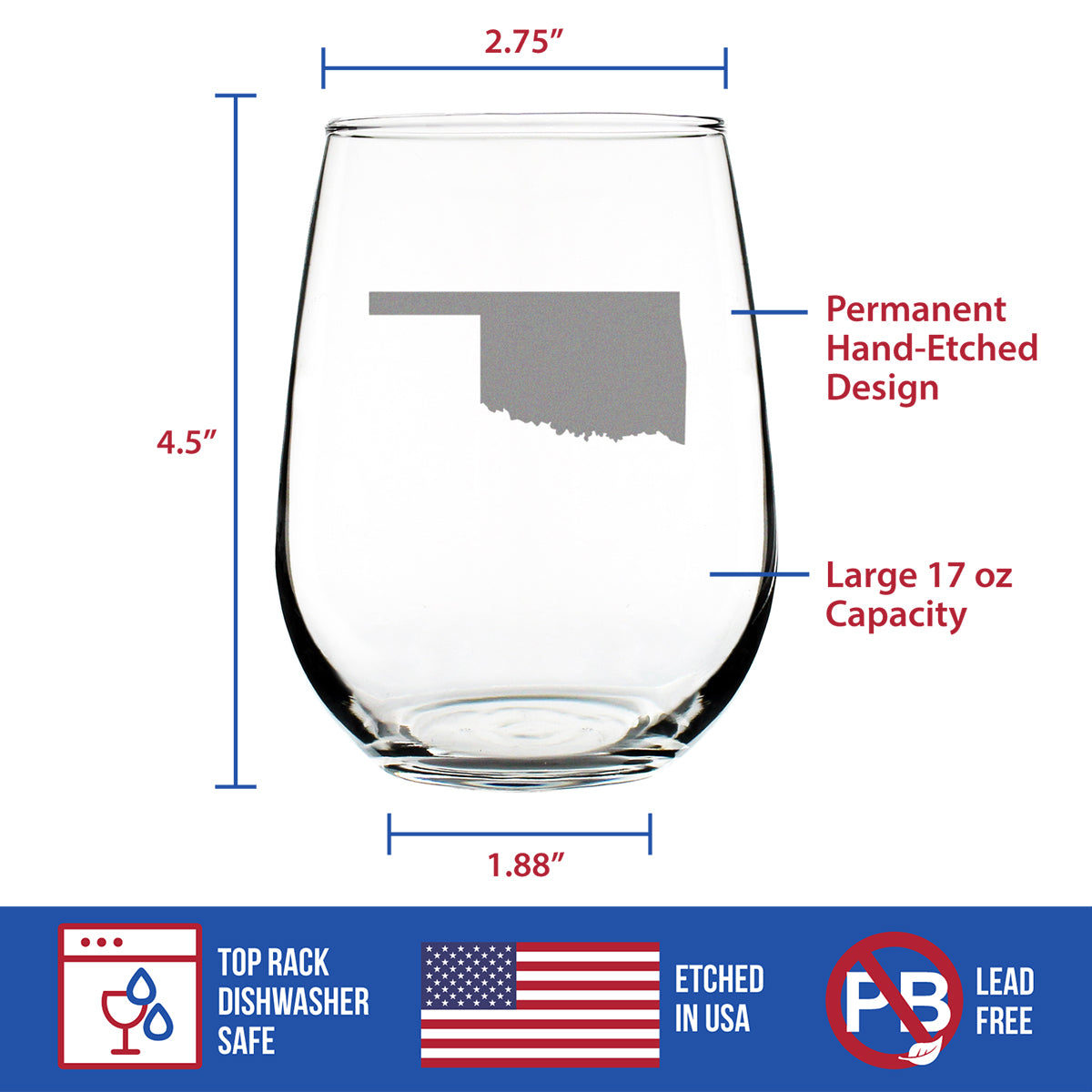 Oklahoma State Outline Stemless Wine Glass - State Themed Drinking Decor and Gifts for Oklahoman Women & Men - Large 17 Oz Glasses