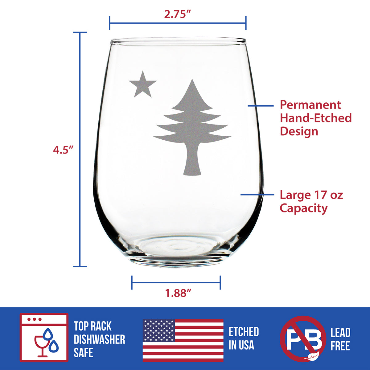 Old Maine Flag Stemless Wine Glass - Original 1901 State of Maine Flag Gifts for Women & Men Mainers - Large Engraved 17 Oz Glasses