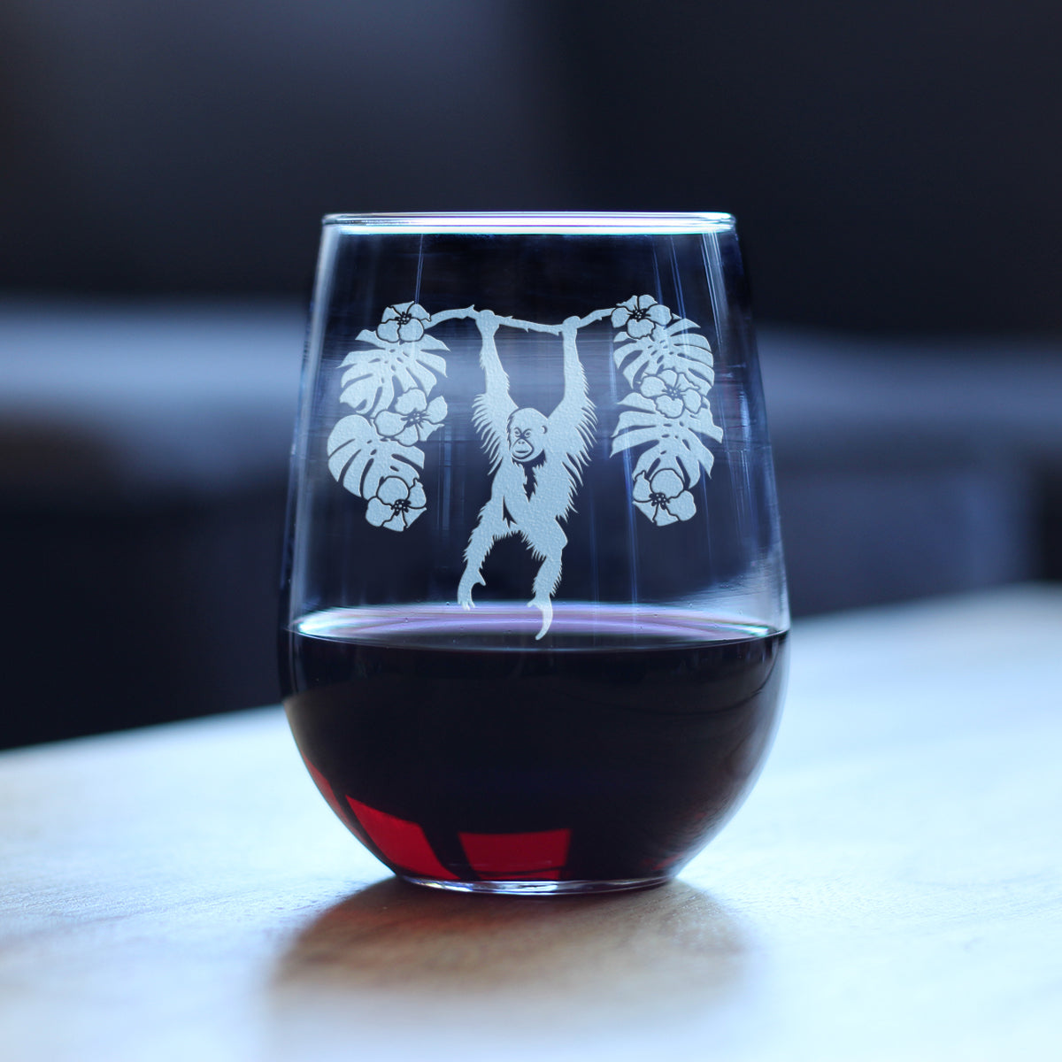 Orangutan Stemless Wine Glass - Fun Wild Animal Themed Decor and Gifts for Lovers of Apes and Monkeys - Large 17 Oz Glasses