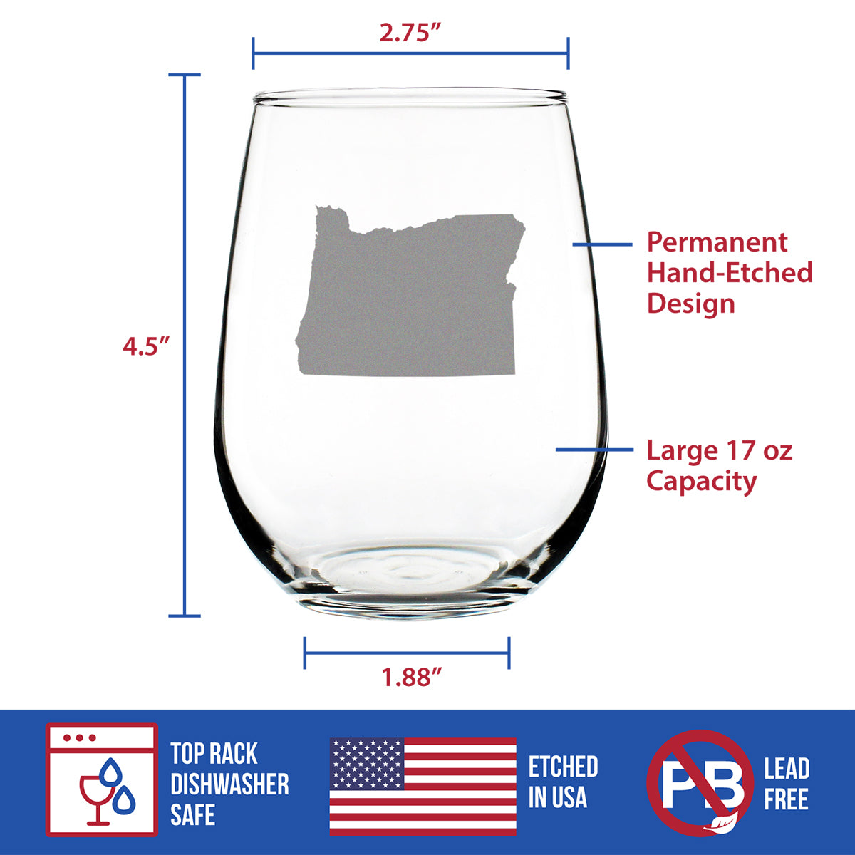 Oregon State Outline Stemless Wine Glass - State Themed Drinking Decor and Gifts for Oregonian Women & Men - Large 17 Oz Glasses