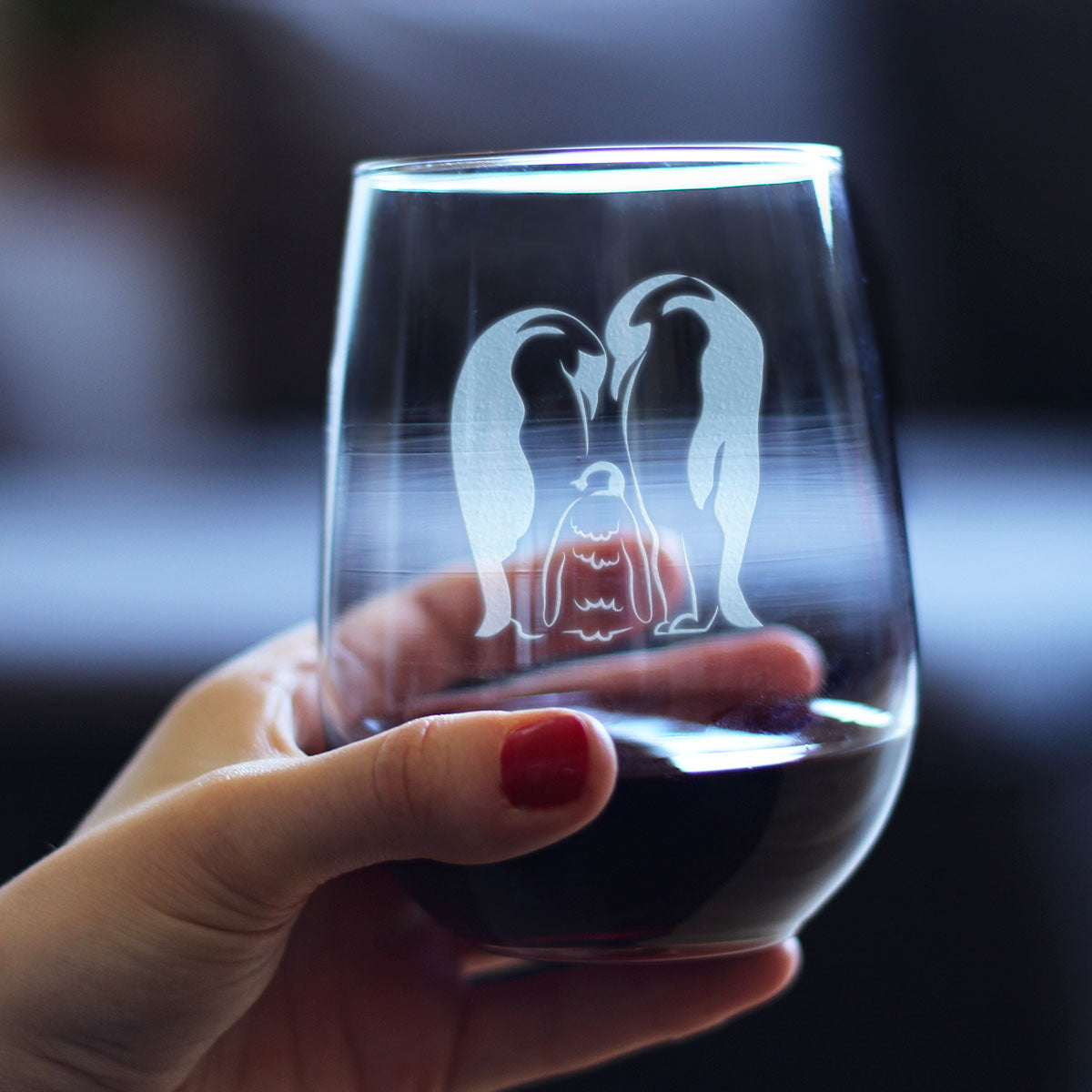 Penguin Family - Stemless Wine Glass - Mom, Dad, Baby Penguin Themed Gifts and Decor - Large 17 oz