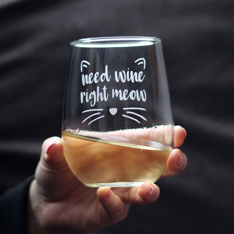 Need Wine Right Meow – Cute Funny Cat Stemless Wine Glass, Large 17 Ounces, Etched Sayings, Gift Box