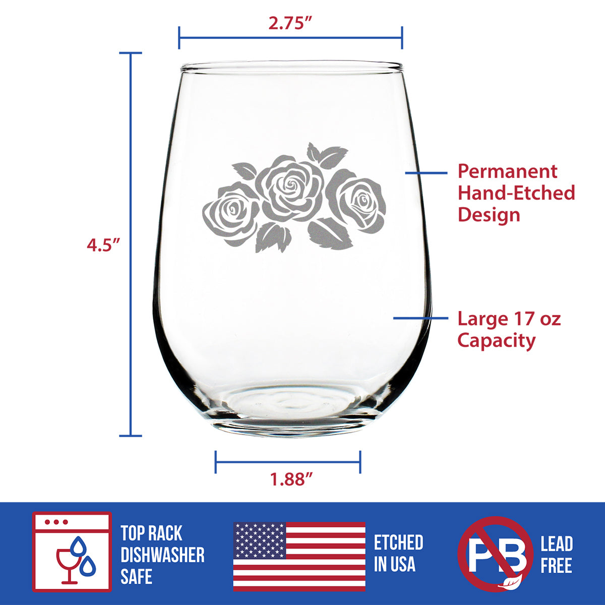 Roses - 17 Ounce Stemless Wine Glass