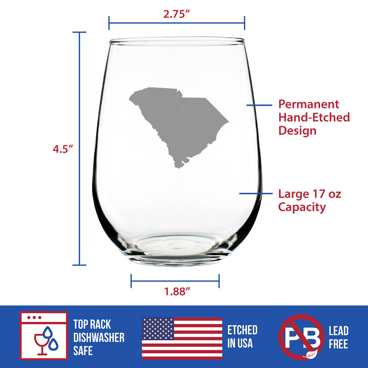 South Carolina State Outline Stemless Wine Glass - State Themed Drinking Decor and Gifts for South Carolinian Women & Men - Large 17 Oz Glasses