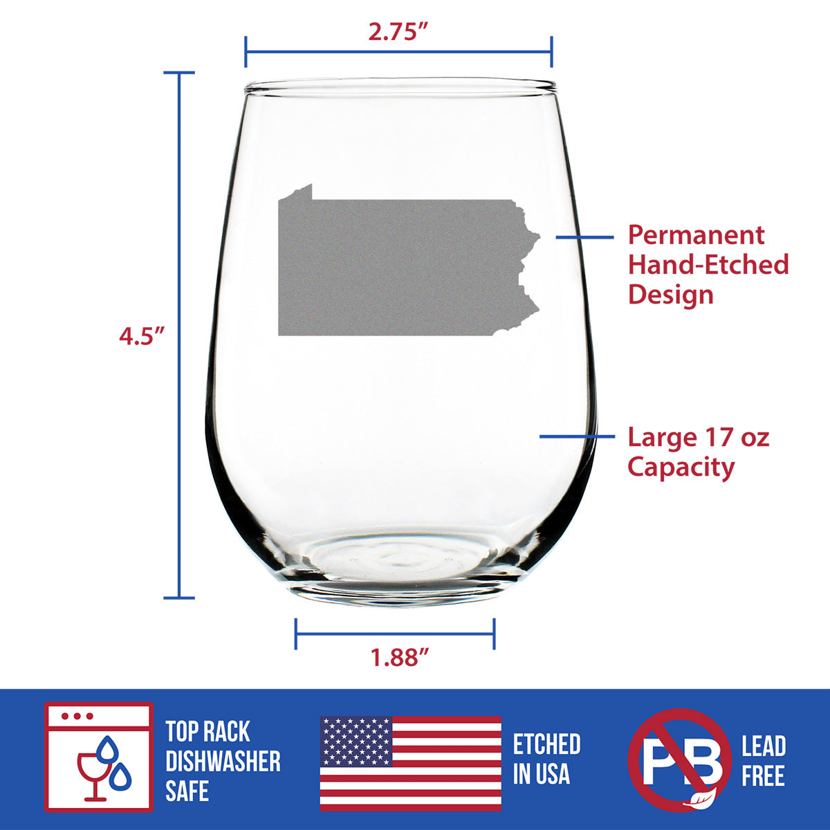 Pennsylvania State Outline Stemless Wine Glass - State Themed Drinking Decor and Gifts for Pennsylvanian Women & Men - Large 17 Oz Glasses