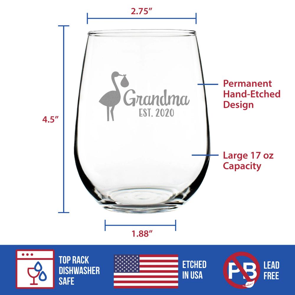 Grandma Est 2020 with Stork - New Grandmother Stemless Wine Glass Gift for First Time Grandparents - Large Glasses