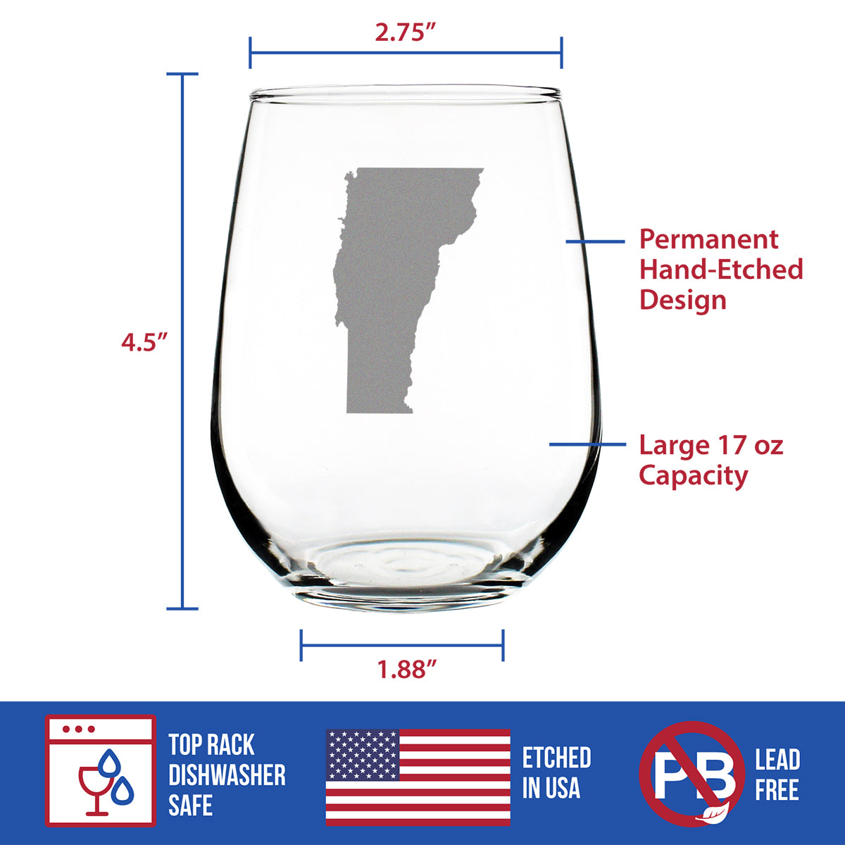 Vermont State Outline Stemless Wine Glass - State Themed Drinking Decor and Gifts for Vermonter Women & Men - Large 17 Oz Glasses