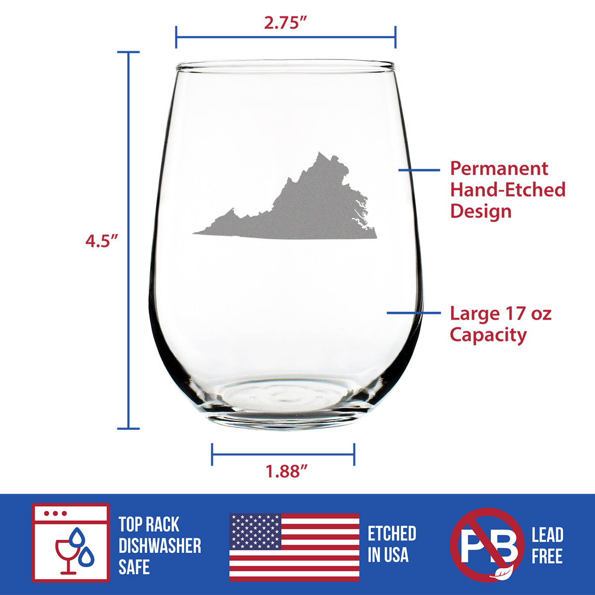 Virginia State Outline Stemless Wine Glass - State Themed Drinking Decor and Gifts for Virginian Women & Men - Large 17 Oz Glasses