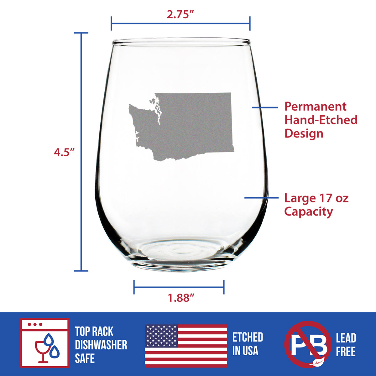 Washington State Outline Stemless Wine Glass - State Themed Drinking Decor and Gifts for Washingtonian Women & Men - Large 17 Oz Glasses