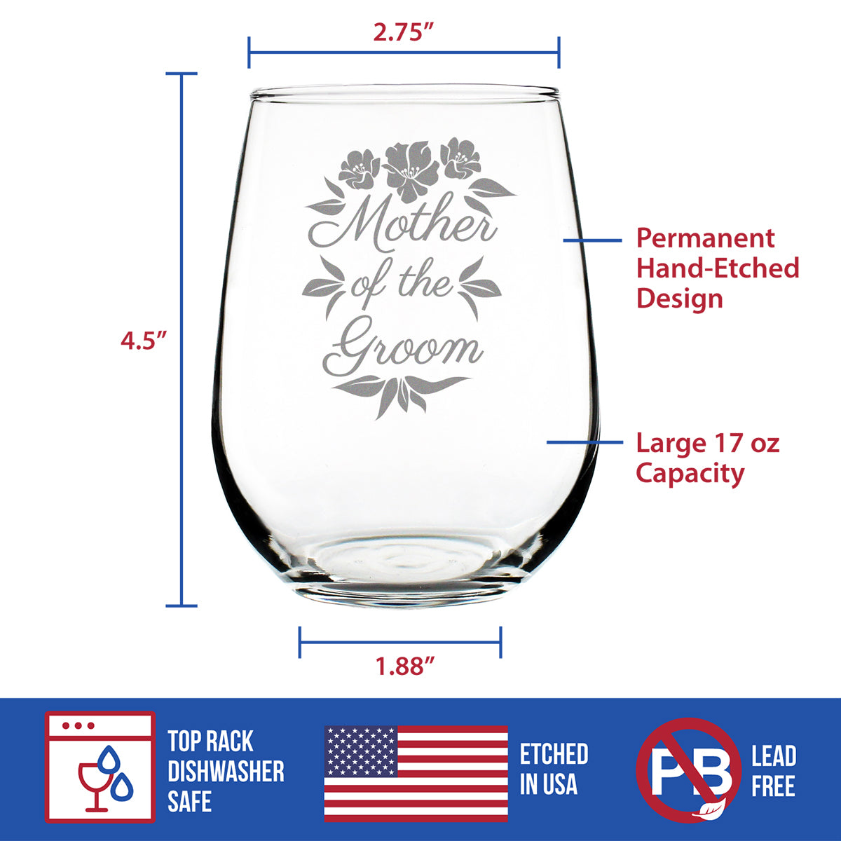 Mother of the Groom Stemless Wine Glass - Unique Wedding Gift for Soon to be Mother-in-Law - Cute Engraved Wedding Cup Gift