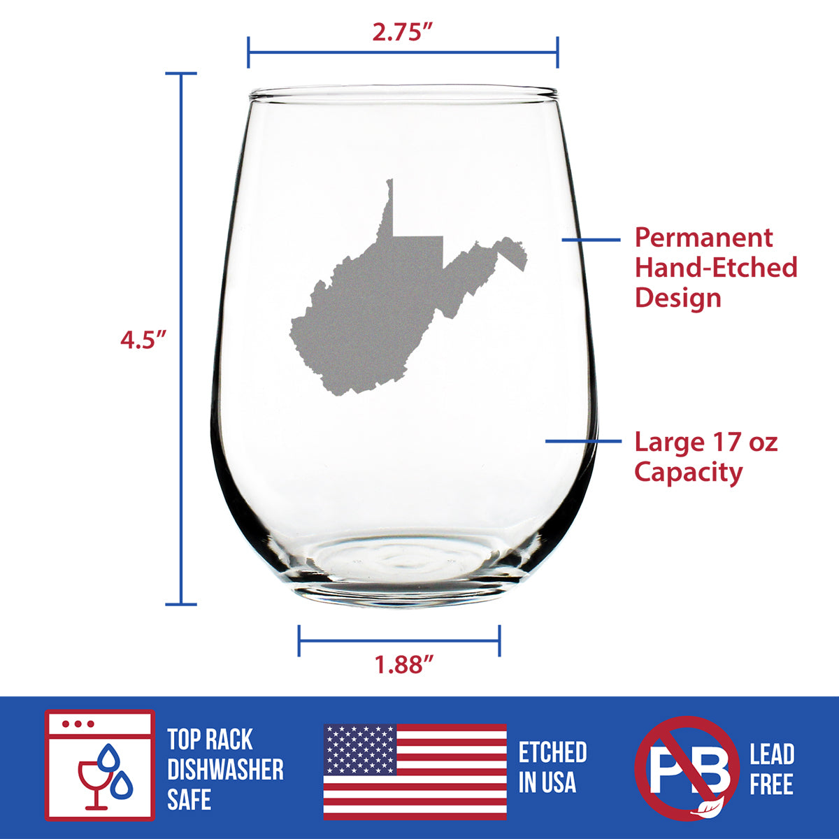 West Virginia State Outline Stemless Wine Glass - State Themed Drinking Decor and Gifts for West Virginian Women & Men - Large 17 Oz Glasses