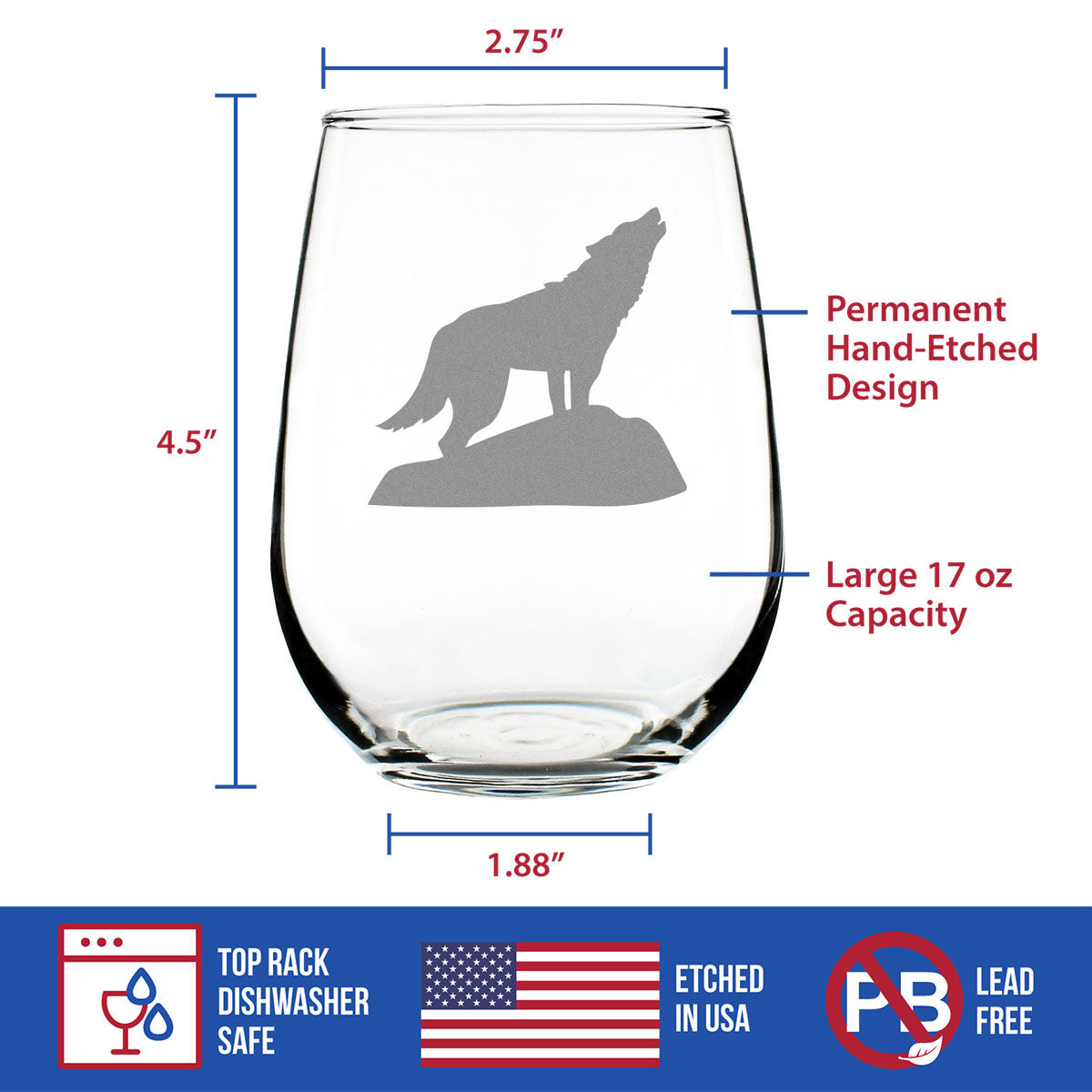 Wolf Stemless Wine Glass - Cabin Themed Gifts or Rustic Decor for Women and Men - Engraved Silhouette - Large