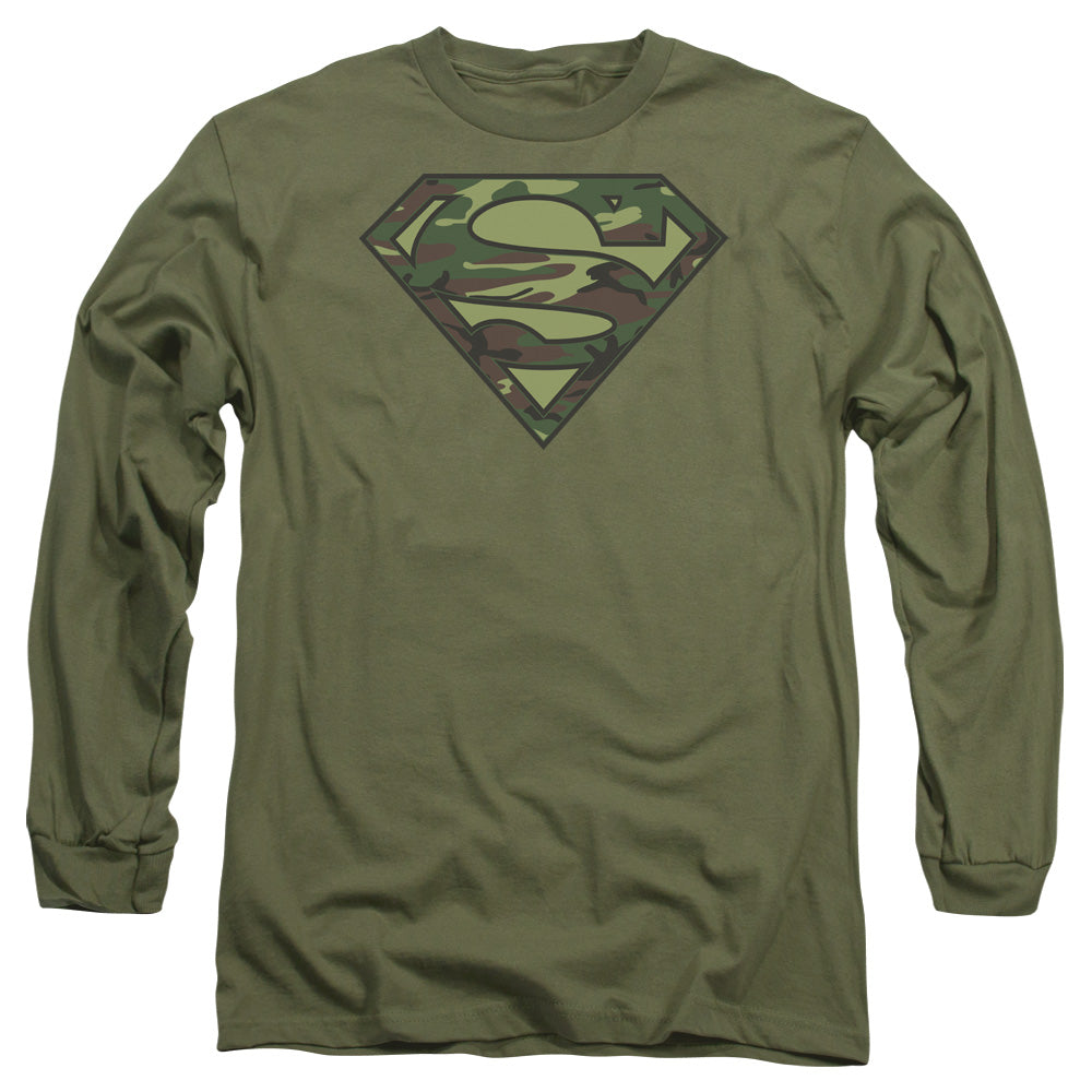 Superman Camo Logo Mens Long Sleeve Shirt Military Green Officially Licensed
