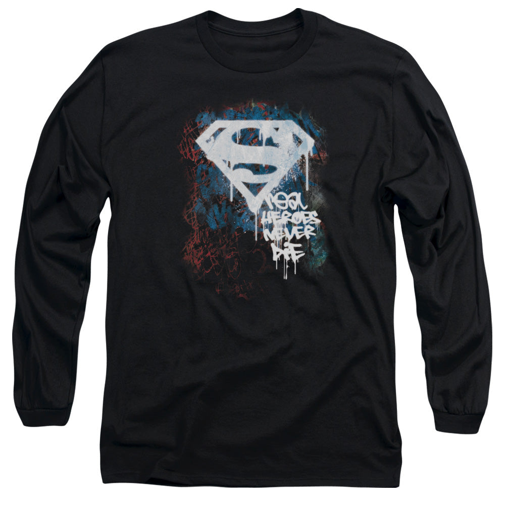 Superman Real Heroes Never Die Mens Long Sleeve Shirt Black Officially Licensed