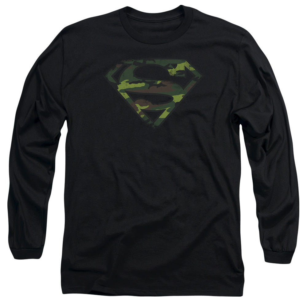 Superman Distressed Camo Shield Mens Long Sleeve Shirt Black Officially Licensed