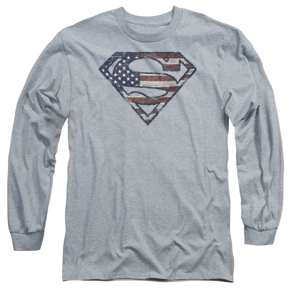 Superman Wartorn Flag Mens Long Sleeve Shirt Athletic Heather Officially Licensed