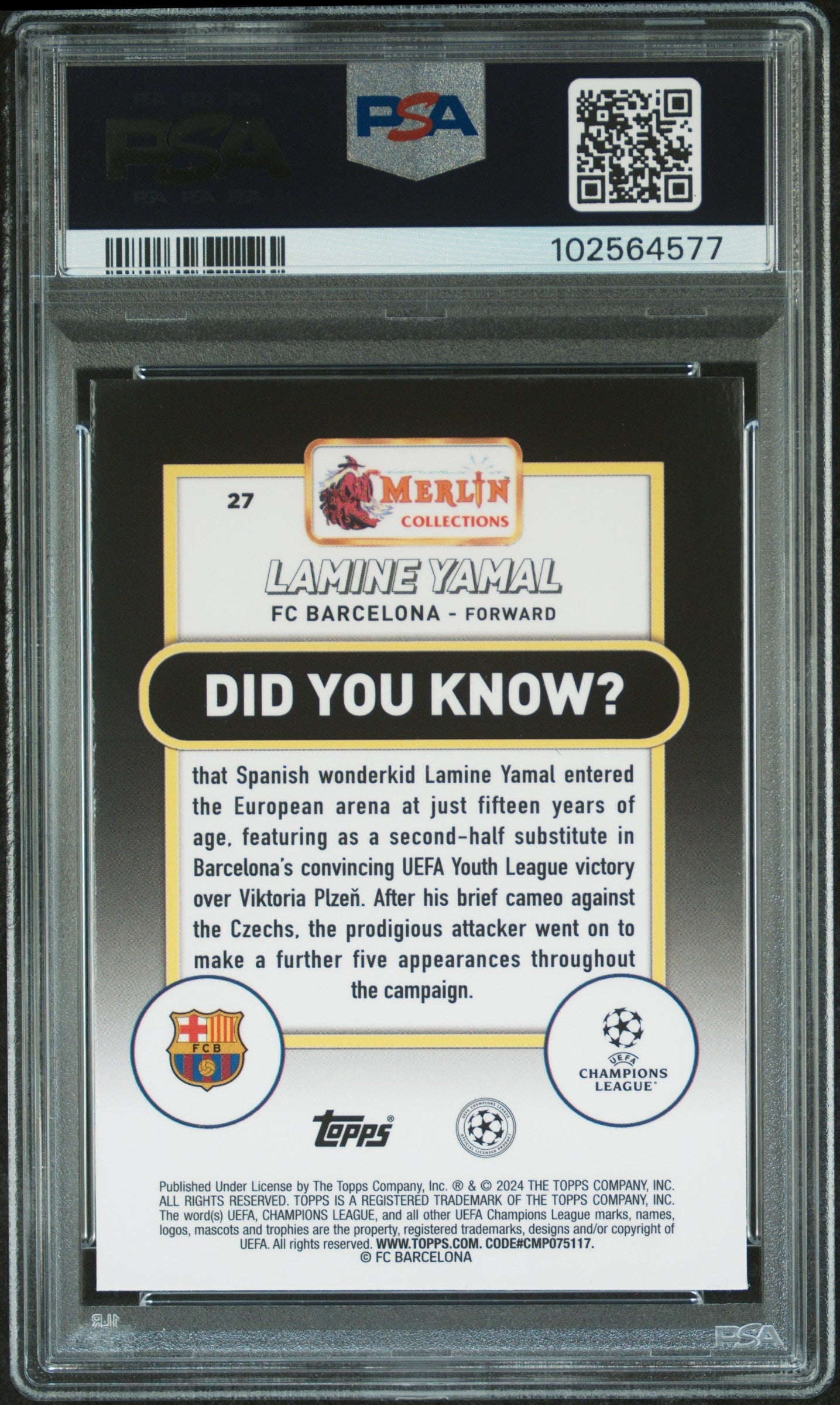 Graded 2023 Topps Merlin UCC Lamine Yamal #27 Rookie RC Soccer Card PSA 10 Gem Mint
