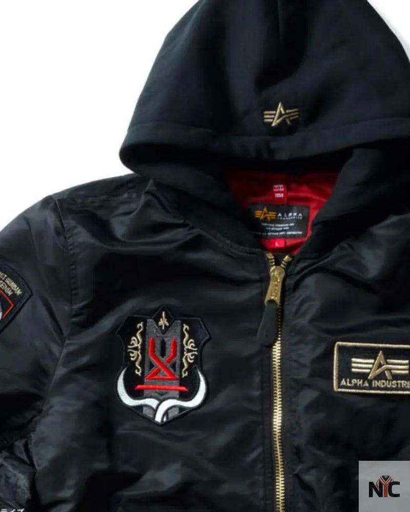 STRICT-G x ALPHA Mobile Suit Gundam SEED FREEDOM Black MA-1 Jacket