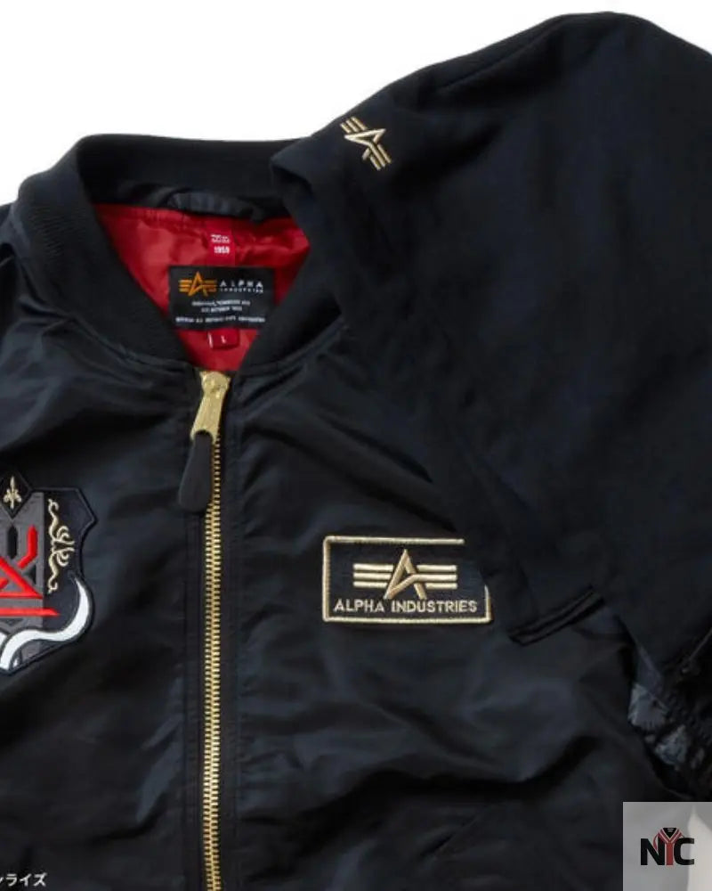 STRICT-G x ALPHA Mobile Suit Gundam SEED FREEDOM Black MA-1 Jacket