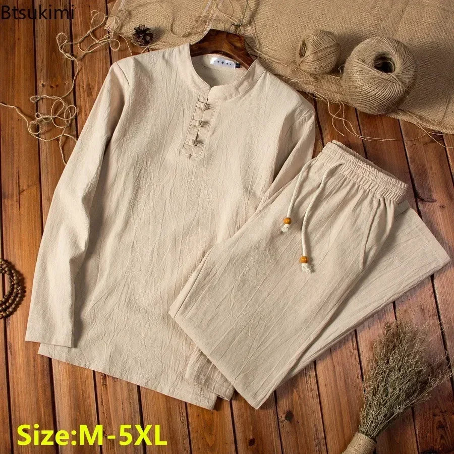 Cotton Linen Men's Long-sleeved Shirt & Pants