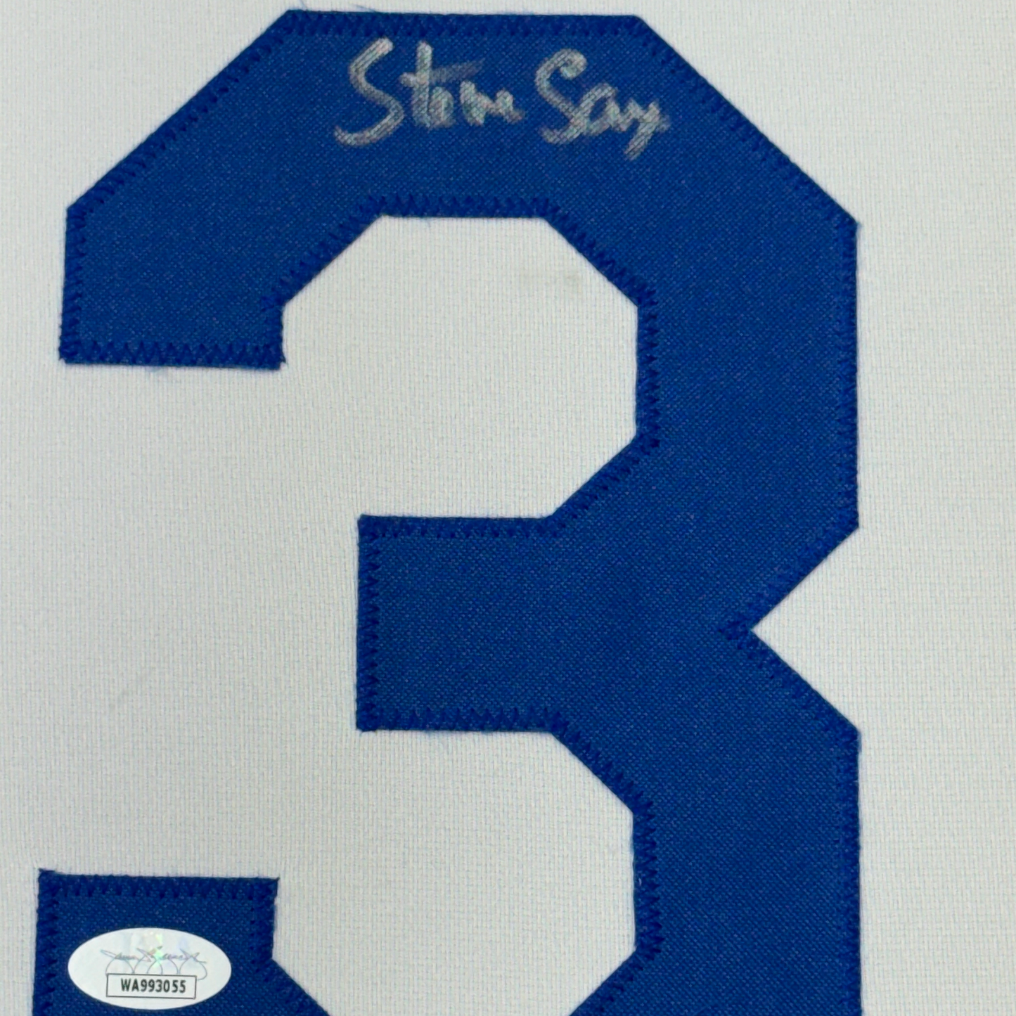 Framed Autographed/Signed Steve Sax 35x39 Los Angeles LA White Baseball Jersey JSA COA