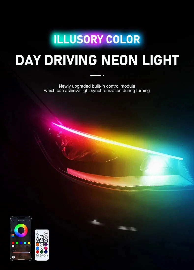 12V RGB LED Daytime Running Lights - APP Controlled, Ultra-thin Flexible Strip, 2 Pcs