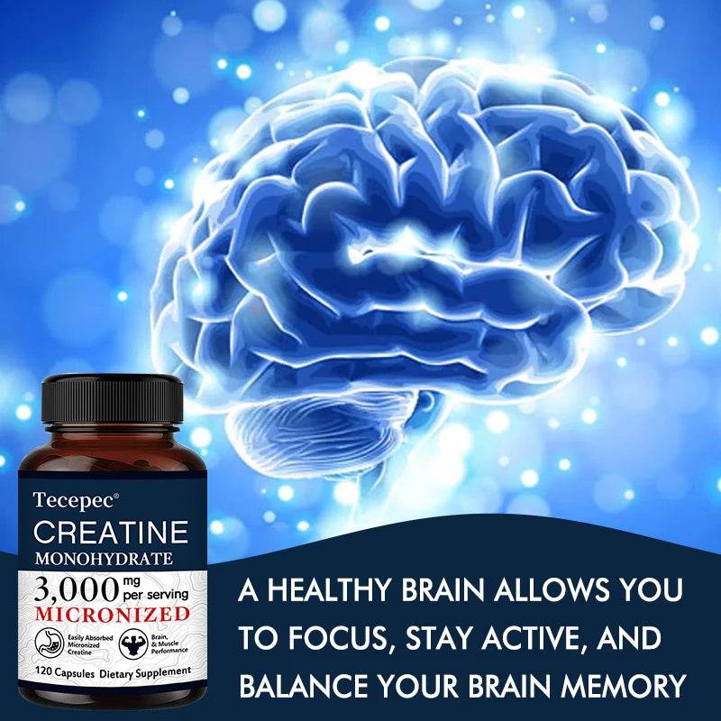Creatine Monohydrate 3000 Mg Capsules, Supports Pre-Workout and Healthy Muscles, Focus & Memory, Easy To Absorb