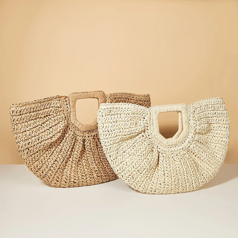 Half Moon Design Basket Beach Straw Bag